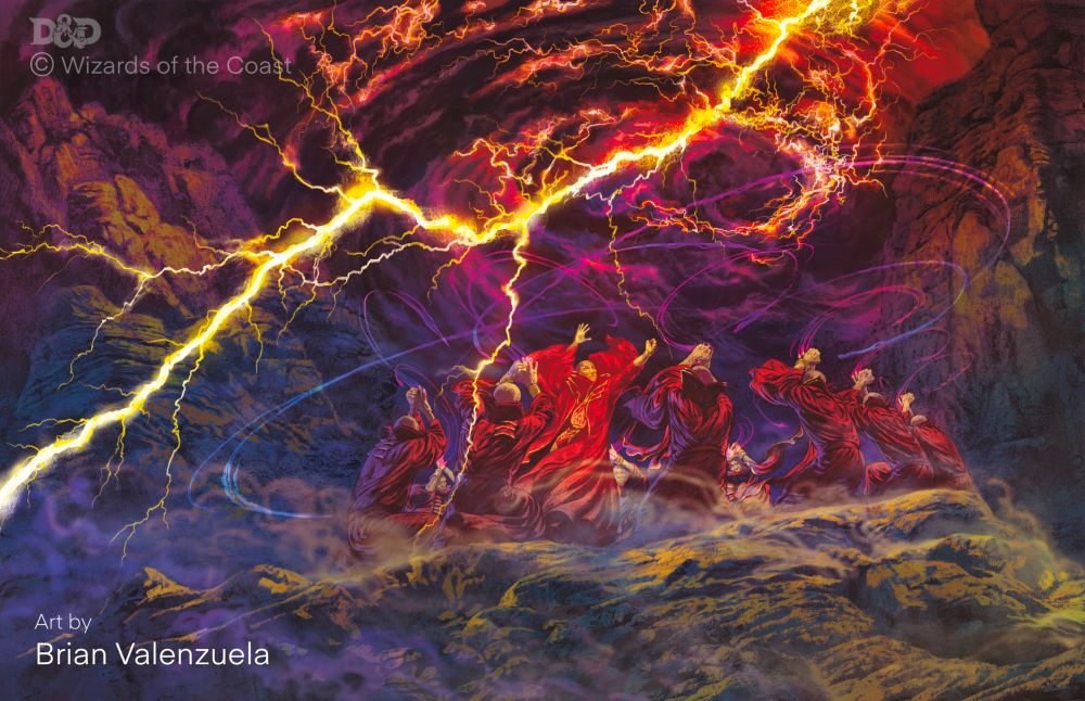 Evil wizards gather to cast a spell that summons a huge magical storm 