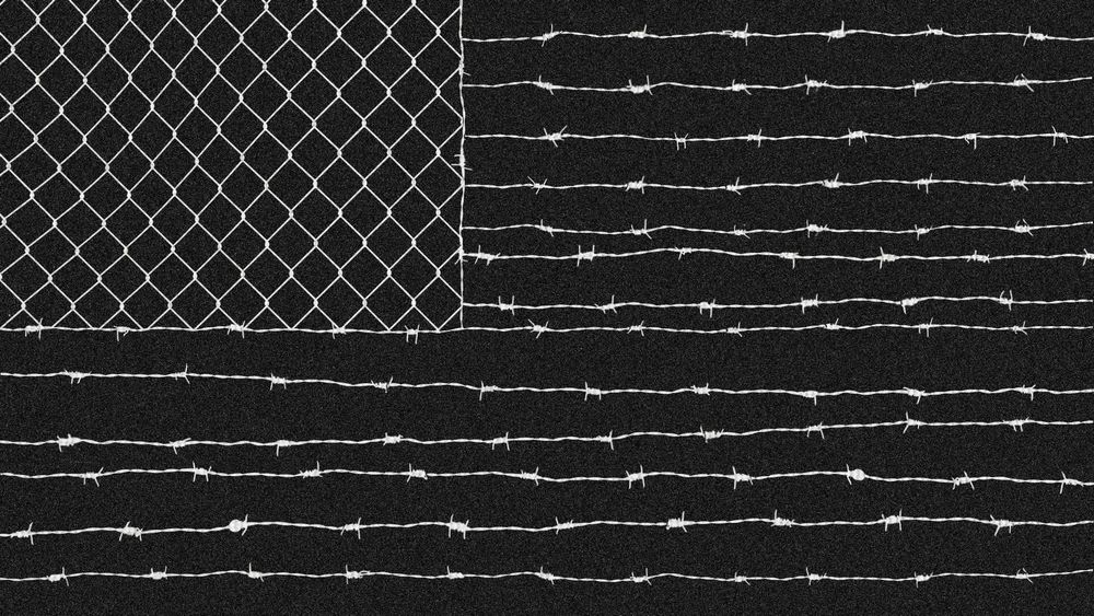American flag of chain link fence stars and barbed wire stripes 