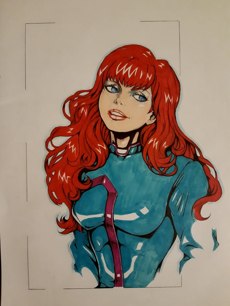 Lucinda Rocket by Aurimas Jucys. Color drawing of a redhead young girl in a retro future space outfit