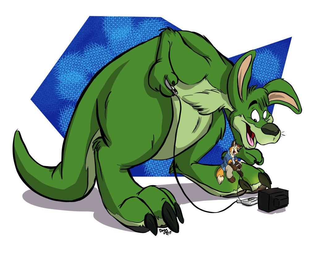 Big green kangaroo and a KitsuneKit playing video games on a Saturday morning. art by dogzrbarkn