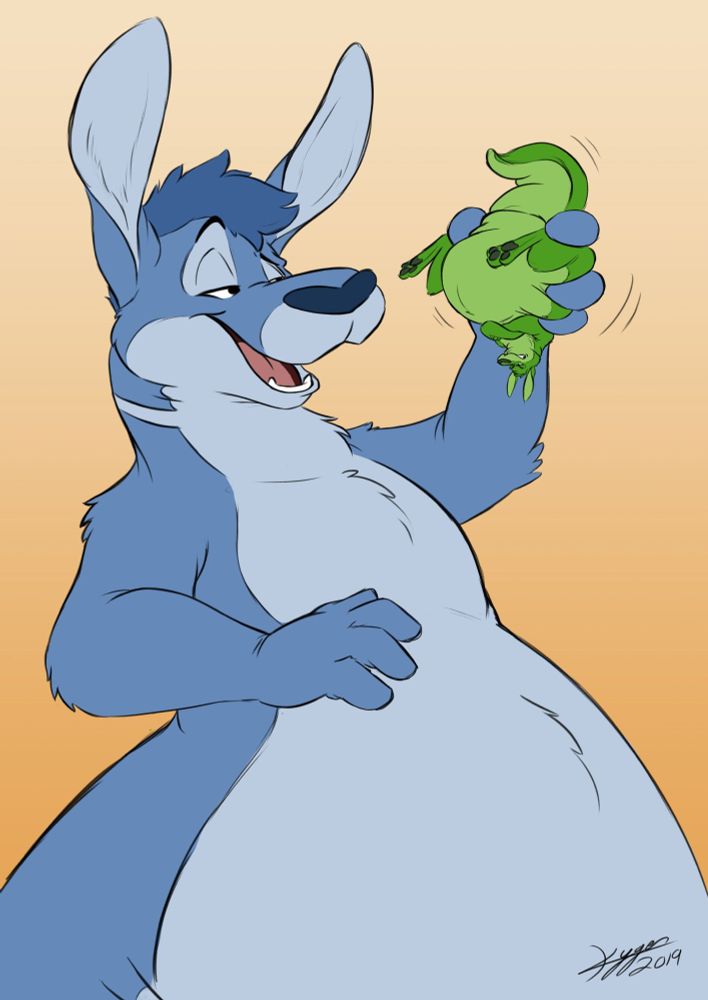 Big green kangaroo being held like a tennis ball by Kygen. Art by Kygen