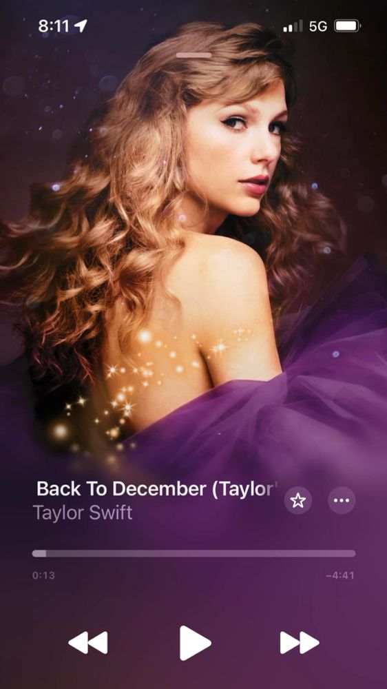 Screenshot of Taylor Swift’s album cover for Speak Now (Taylor’s Version) and her song Back to December (Taylor’s Version) playing on Apple Music