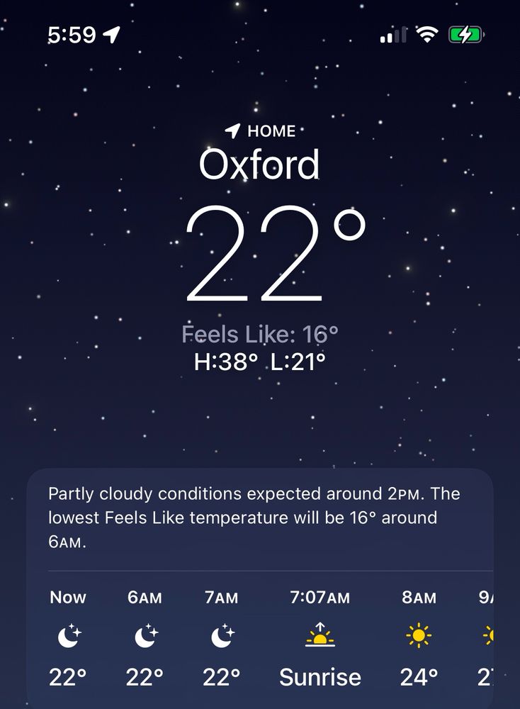 Screenshot of a weather app with the temp being 22 degrees F and clear