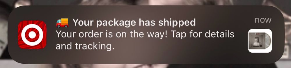 Screenshot of notification from Target app about an order shipping 
