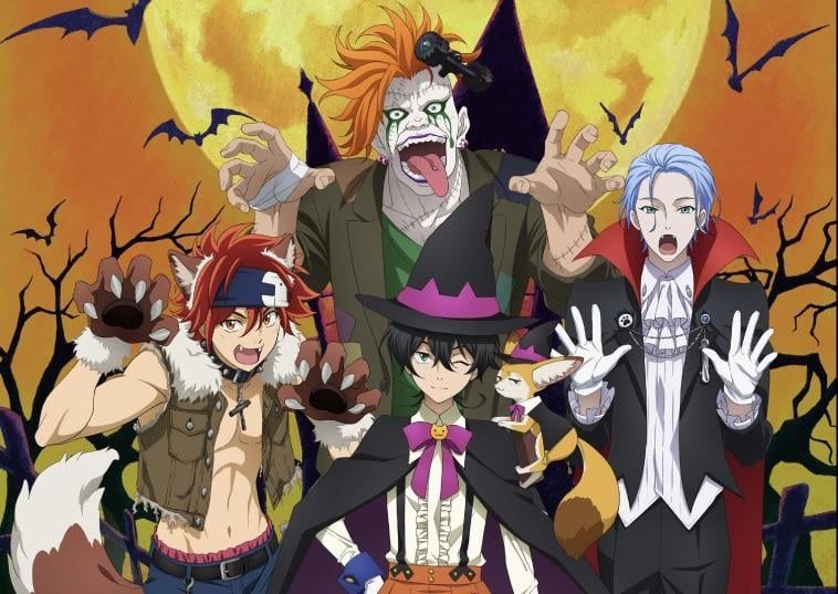 Promotional image for Sk8 the Infinity released 2023 featuring Reki, Miya, Langa, and Shadow. They stand before an orange sky and yellow moon and the silhouettes of bats. Hints of spooky trees, gravestones, and a victorian house can be seen in the background. Shadow stands behind the others, dressed as a zombie with sutured scars painted over his normal S clown makeup. He has a pair of skate trucks coming out of his head, wears a green shirt and olive jacket, and a bandage on one hand. Reki is dressed as a wolf with a bushy brown tail, clawed paw gloves, and ears. He wears a studded collar with a t-tool hanging from it like a cross. He wears a cropped, sleeveless cargo vest with a fur collar and no shirt. Miya stands in the center with Sketchy on his shoulder. They are both dressed as witches with black capes and hats with a magenta band decorated with the shape of cat's ears and matching ribbons around their necks. Miya also wears a ruffled shirt with blue cuffs, suspenders, and orange shorts. Langa is dressed as a vampire in a black jacket and cape with a tall flared collar and red lining. He wears a white ruffled shirt and white gloves. His light blue hair is swept back.