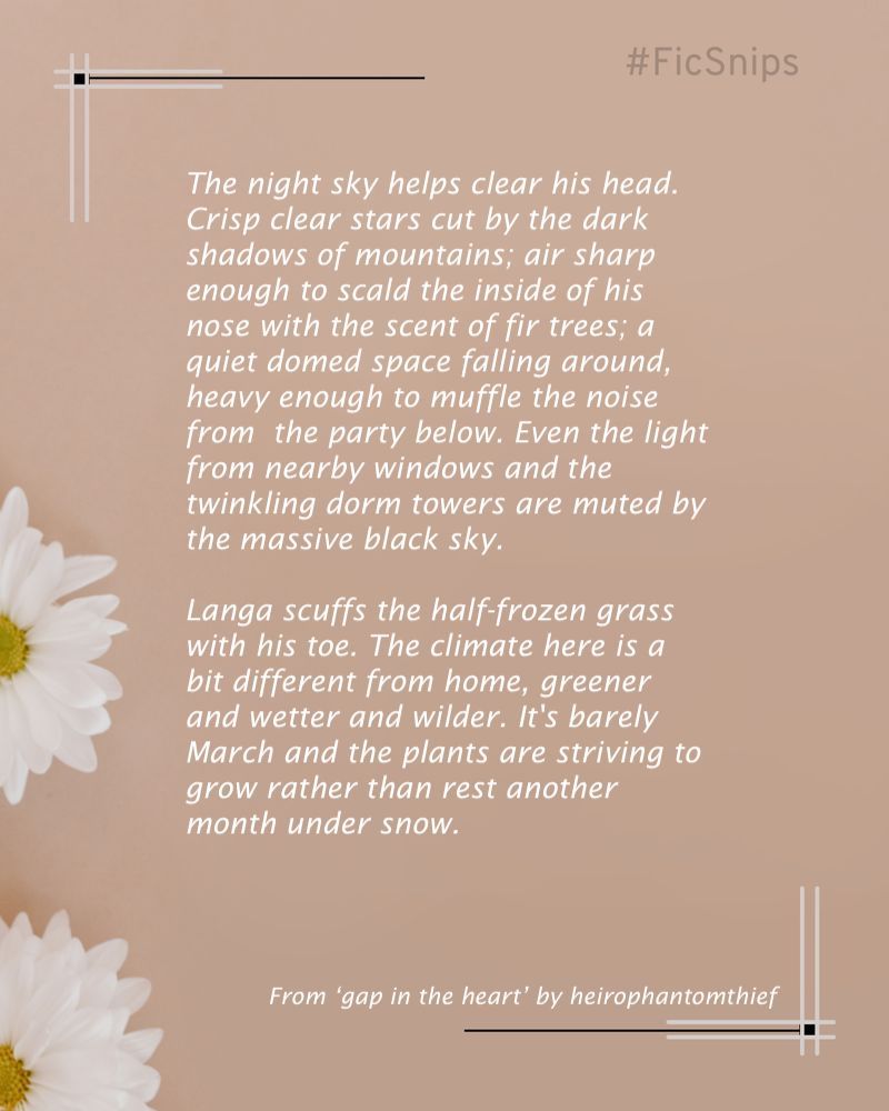 white text on a beige background with two daisies and line black and white line details in the corner. Muted text reads "#FicSnips"
Main text: The night sky helps clear his head. Crisp clear stars cut by the dark shadows of mountains; air sharp enough to scald the inside of his nose with the scent of fir trees; a quiet domed space falling around, heavy enough to muffle the noise from  the party below. Even the light from nearby windows and the twinkling dorm towers are muted by the massive black sky.

Langa scuffs the half-frozen grass with his toe. The climate here is a bit different from home, greener and wetter and wilder. It's barely March and the plants are striving to grow rather than rest another month under snow. 
An excerpt from "gap in the heart" by heirophantomthief