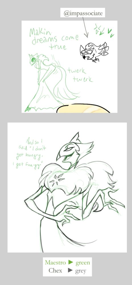 Two Andrealphus drawings. The top one is sticking his butt out and shaking it. It says "Makin dreams come true" and "twerk twerk." A drawing of Vassago (by impassociate) stares in awe!

The bottom text reads
And so I said, "I don't get hungry, I get fun-gry."
--It's a quote from Bob's Burgers.