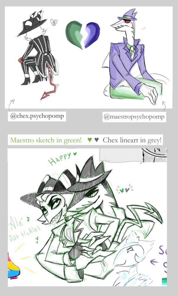 At the top, Crimson is sitting aside in black and white. He's got a gay-pride broken heart by him. Alessio is in his gay-pride colors, looking over at him with concern.

At the bottom, Alessio embraces Crimson from behind, nuzzling against him and making him laugh. Crimson says "Ale, dat tickles." They're fingers are laced while holding each other's hands.

Also, there's pan-colored dildo on the right (different artist) and a cute Andre in the bottom right, but I don't know who drew them! 