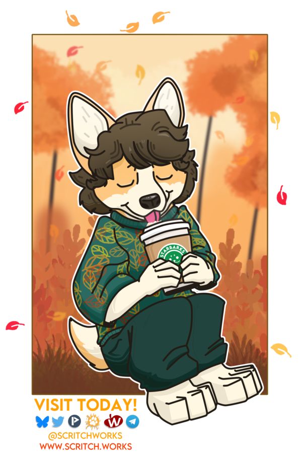 A lined piece of Poe, a corgi character, enjoying some tasty beverage sitting on top of a picture of a fall background