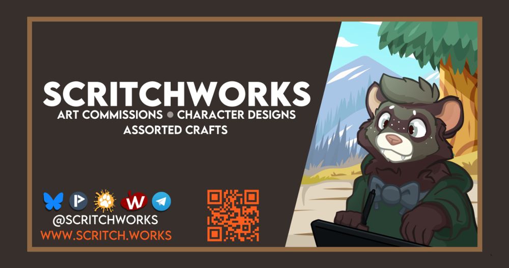 The ScritchWorks banner, featuring a QR code and assorted social media logos!