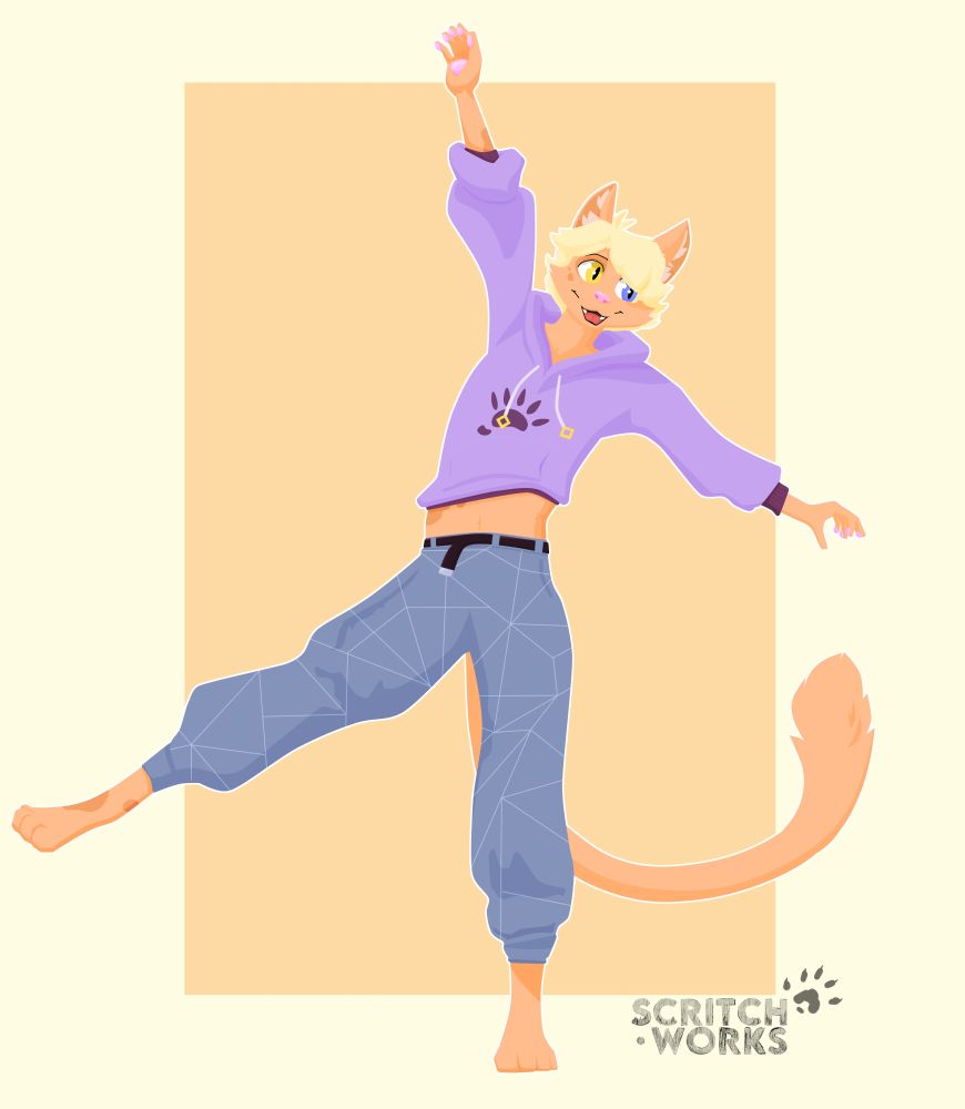 A cat fursona named Polar, in an expressive pose, their arms are in the air, and they are balancing on one foot. They are wearing comfy pants, and a hoodie, both shades of blue.