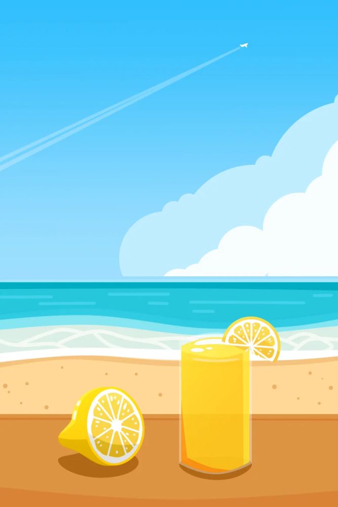 A scene of a summer day, on a beach. The camera is pointed at a table, looking at a lemon and a glass of lemonade. In the background, is an ocean, with a bright blue sky and a big billowy clould.