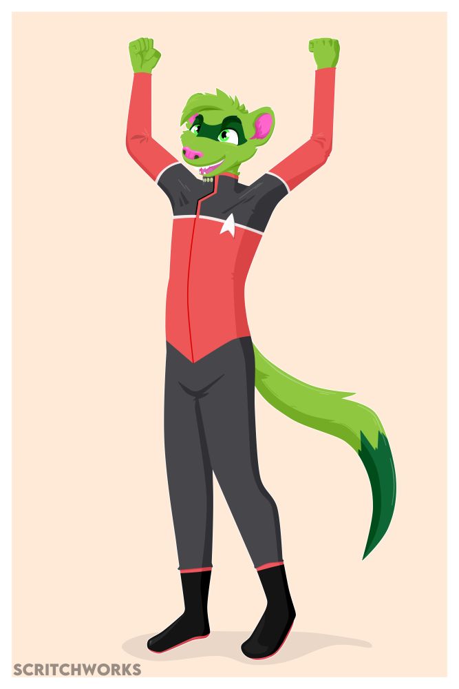 A green Ferret fursona named Fuze is excitedly pumping their fists up in the air