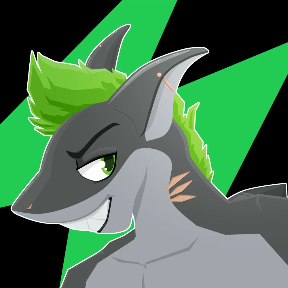 A profile picture commission of a shark fursona owned by Kiloshark. They are a shark with a green mohawk, they are looking towards their side with a toothy grin, side ways toward the camera.