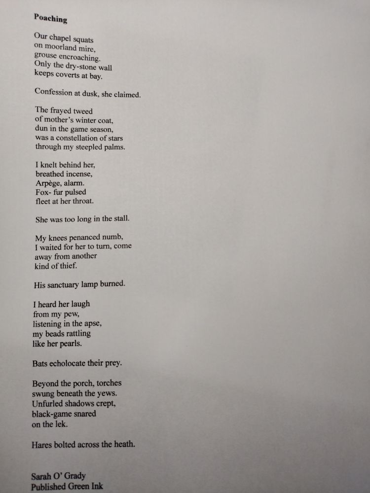Poaching. A poem by Sarah O'Grady. Audio below if I can get that to work... 