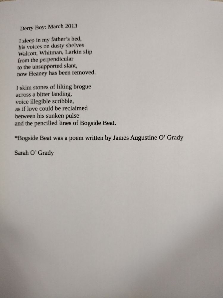 A poem Derry Boy March 2013. By Sarah O'Grady. 