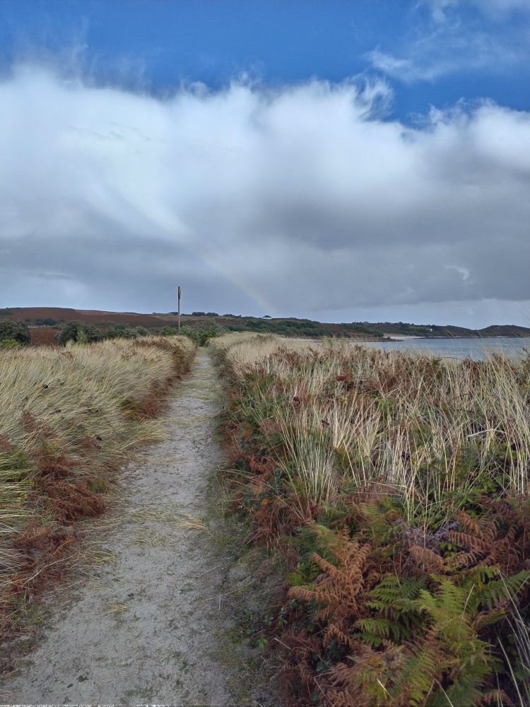 A sandy path fringed by marram grass alongside a bay. A faint rainbow in the distance. St Martin's Island Isles of Scilly. September 2025. 