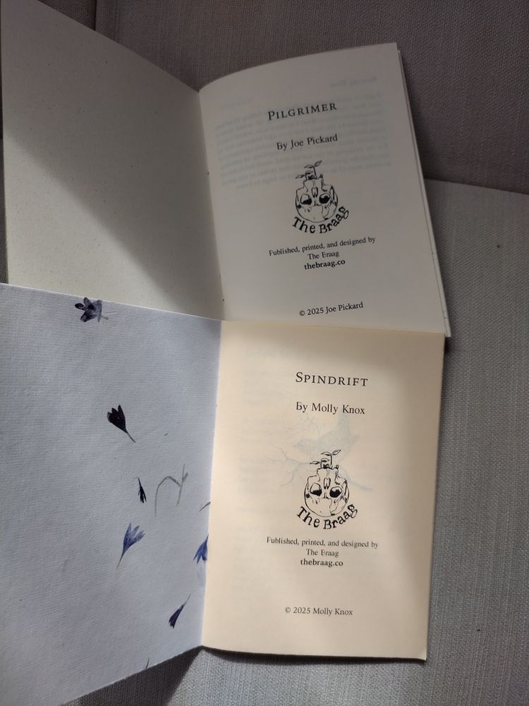 Two beautiful handmade micro chapbooks. Joe Pickard's Pilgrimer and Molly Knoxes Spindrift. Both via The Braag. Published 2025. 