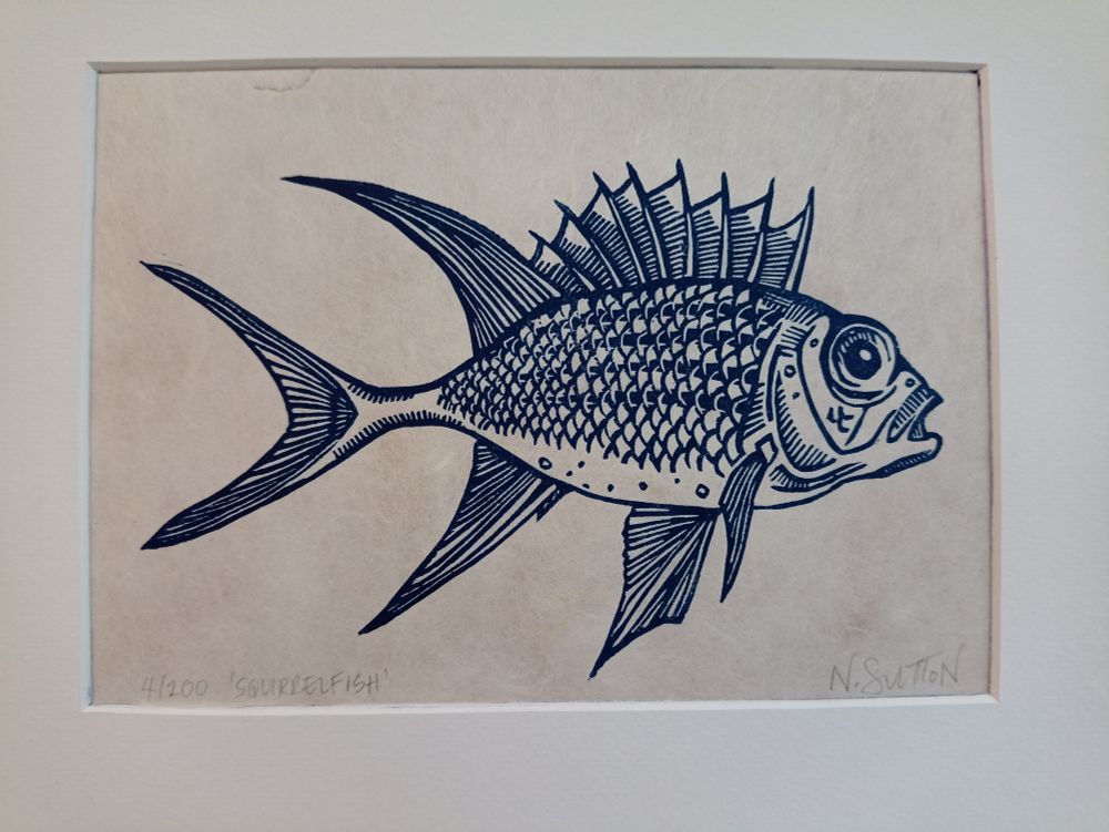 Linoprint of a Squirrelfish, printed in Prussian blue ink on Awagami Kozo paper.