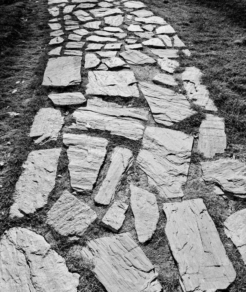 Picture of irregularly shaped flat stone pathway running through grass; stones are various sizes, placed with gaps in between, show distinct horizontal striations