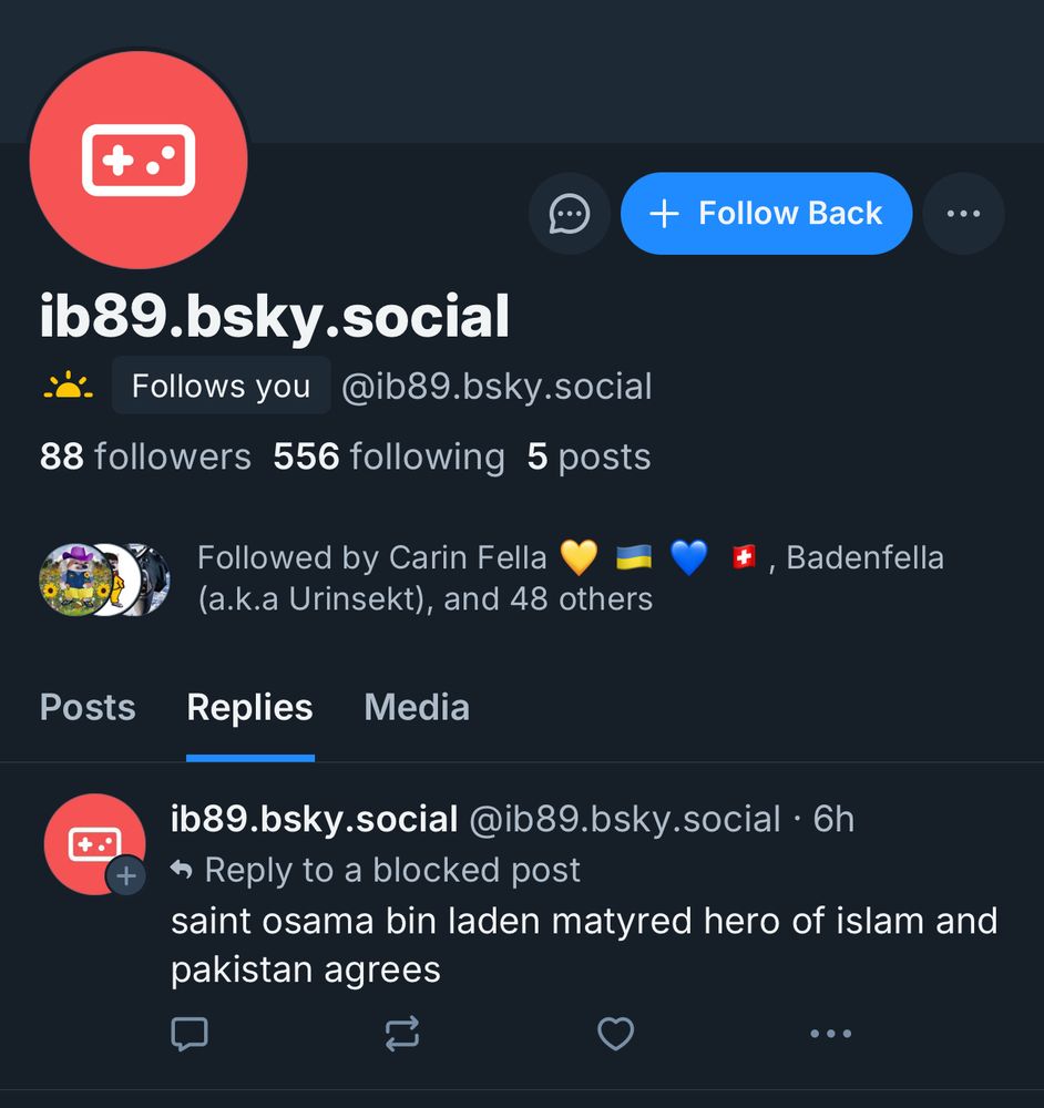 Screenshot of a user profile with the handle ib89.bsky.social, with their comment referring to Osama bin Laden as a “martyred hero of Islam”.