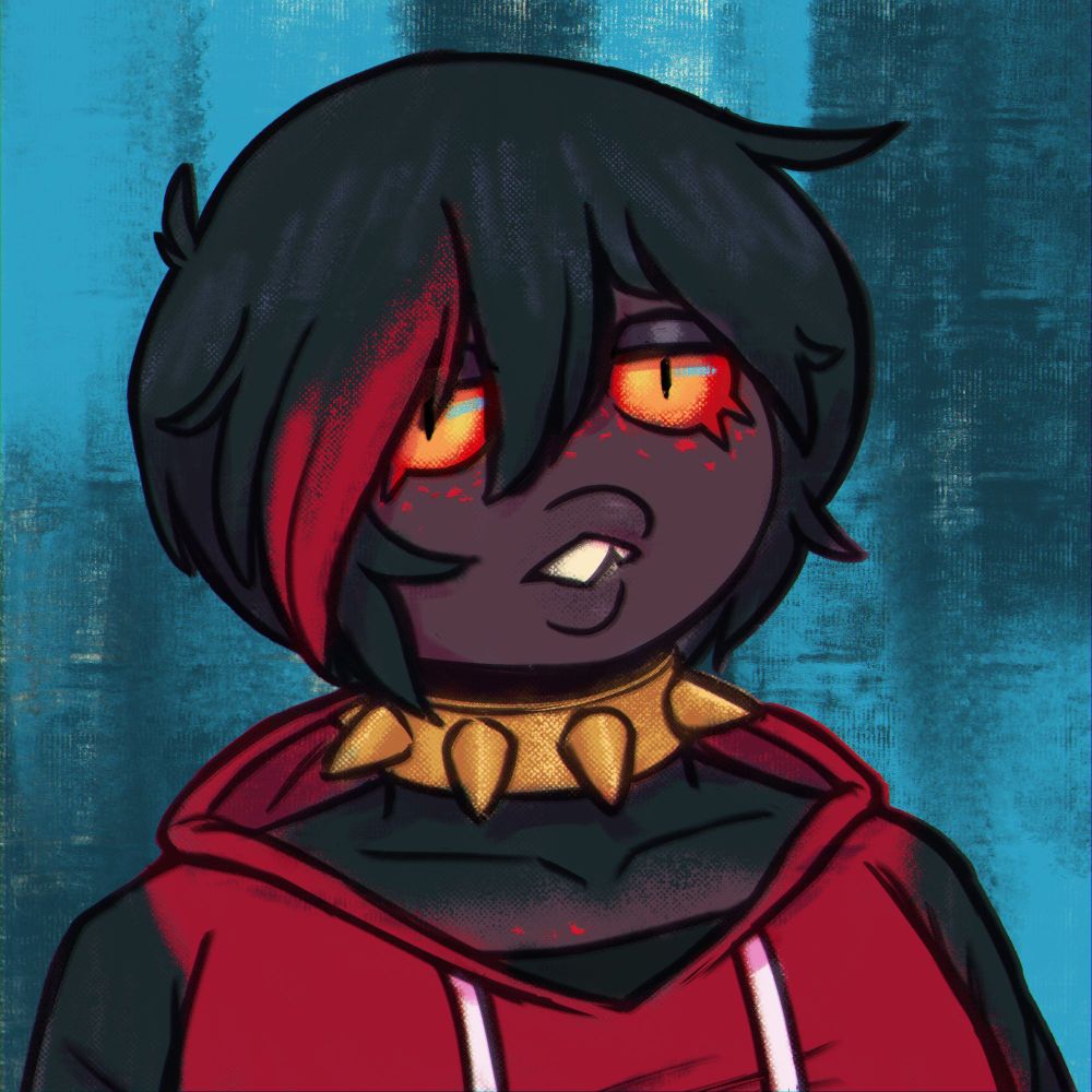 A brownish red demon with black hair and a red streak