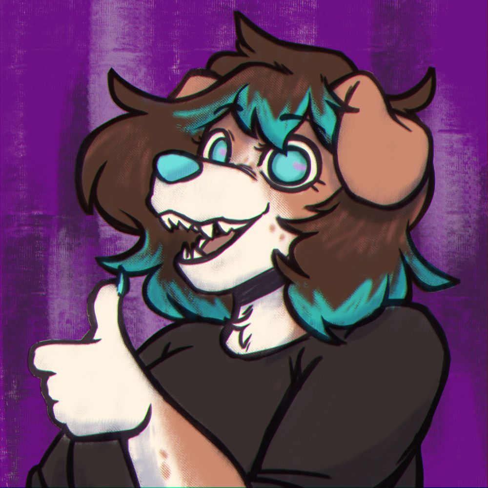 A brown and white dog with brown hair and mint highlights