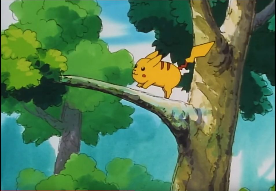pikachu going up a tree to escape ash