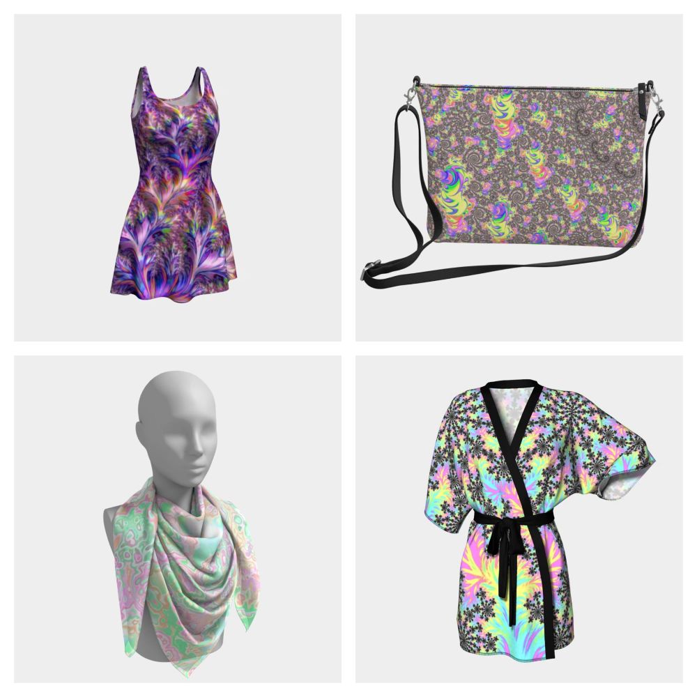 product  images: purple and pink psychedelic fractal dress, trippy vibrant spiral rainbow fractal crossbody purse, funky bright pastel pink yellow and green marble scarf, groovy neon rainbow spiral fractal robe
