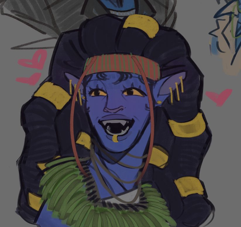 A third expression practice sketch using my OC Kafa. She's got a bright smile on her face, eyes squinted just from how big it is. Her ears perked up, and eyes looking to someone off screen. Perhaps looking to her friends as they tell a joke, or looking to her Ikran Reza, whom she adores dearly and sees as a sister.