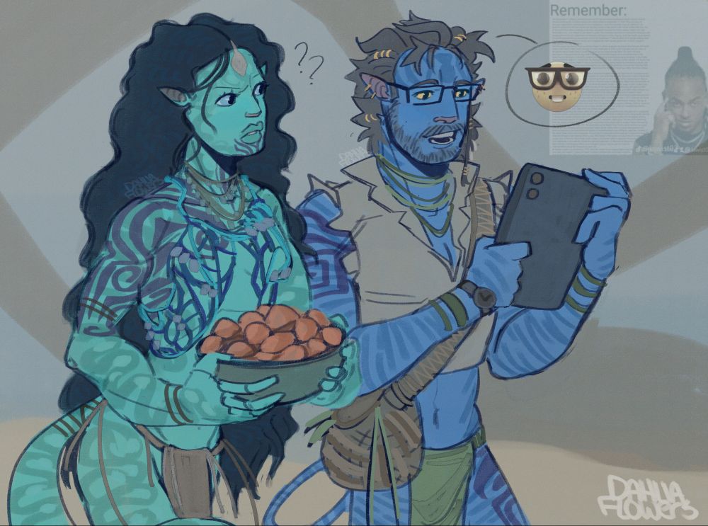 Sketch of Aval (L) and Neil (R) at the Nalut'sif main village. Aval holding a bowl of some sort of fruit, Neil holding onto and fidgeting with his field tablet. Neil likely conversing to Aval about some science bs she has no idea about, hence her confused expression. 