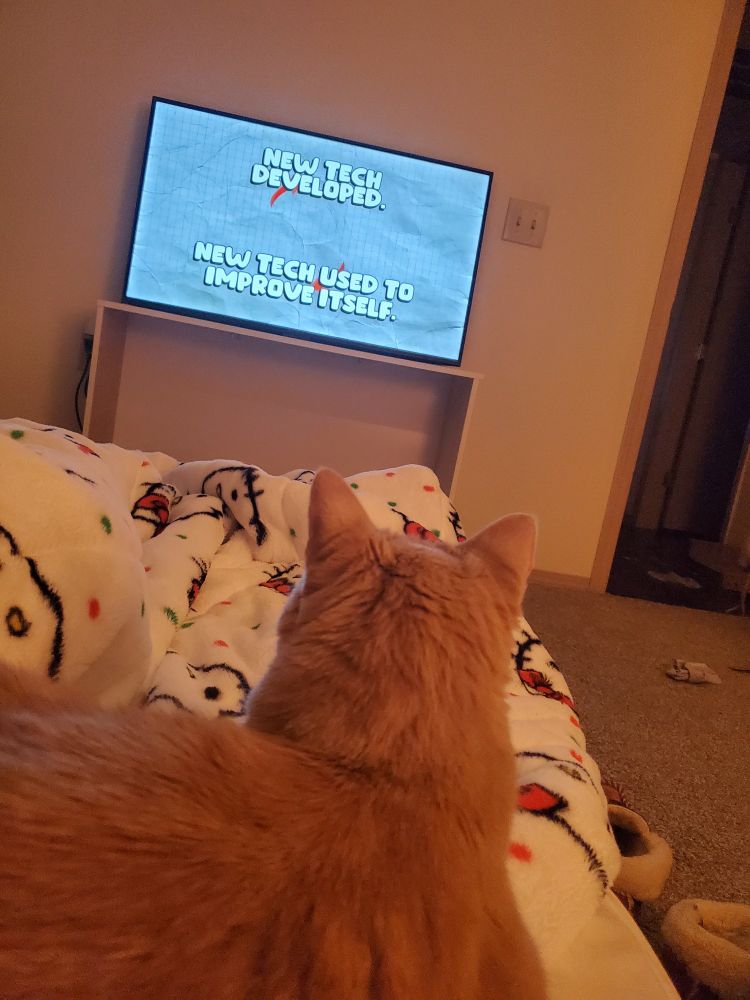 Orange cat snuggling in the bed now but still watching a thought slime video with me!