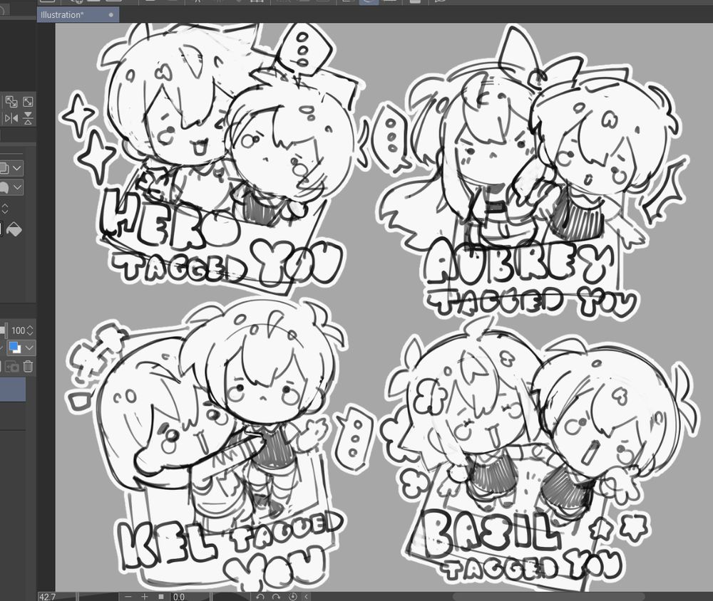 Omori sticker design sketches, which are chibified versions of the game featured tag photos, with an extra real world Basil version.