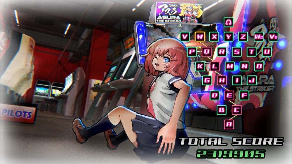 閃攻機人アスラ - ASURA THE STRIKER -、エンディング到達時のスクリーンショット。スコア、通ったルート、あとは結末に関するテキストと一枚絵が最終面の数だけ存在するという形っぽい。