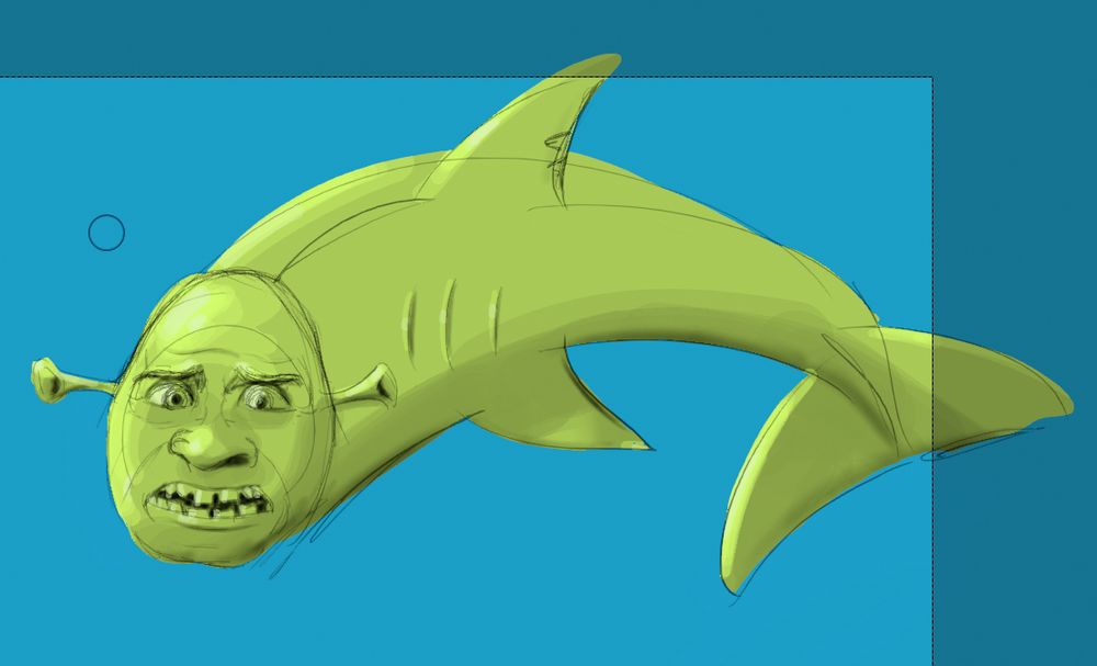 A stupid, half-rendered painting of Shrek's head, from the new trailer, on a shark body. 