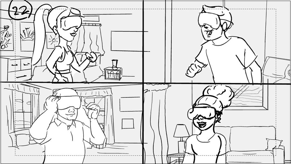 Story sketch: Four people in a split screen wear VR headsets. Top left is a young girl in a bedroom, top right is a young man in a living room, bottom left is a middle-aged man in a different living room, and finally a girl in her 20s is in the bottom right in another living space. 