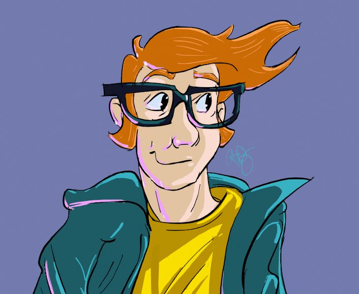 Self-poirtrait. Digital. Cartoony. I have red hair, that's swoopy and spikey. Large-rimmed, black glasses. A turquoise jacket and yellow shirt. I look off to the right. 