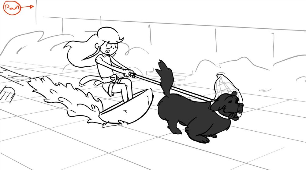 A story sketch of a girl being dragged behind a large black dock. She holds onto a butterfly net that's over the dog's head, as she's dragged in a birdbath through a suburban yard. 