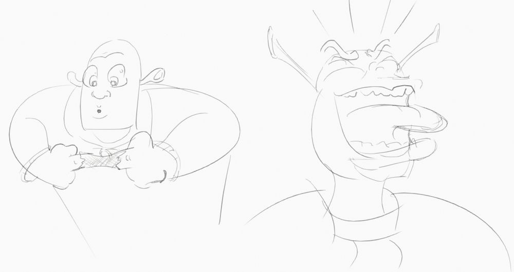 Two digital sketches of Shrek, black and white. The first is Shrek looking confused as he plays with a finger trap. The second is Shrek laughing uproariously, his tongue sticking out of his mouth. 