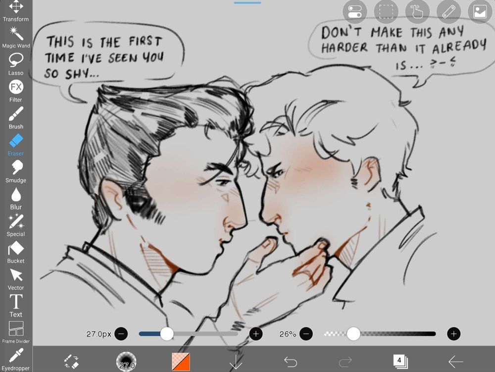 a digital sketch of yujin mikotoba and herlock sholmes from the great ace attorney (dai gyakuten saiban), drawn as younger versions of themselves based on precanon concept art. mikotoba and sholmes are leaning into each other for a kiss. mikotoba's speech bubble reads "This is the first time I've seen you so shy..." and sholmes replies, his speech bubble reads "Don't make this any harder than it already is..." (it is their first time kissing)