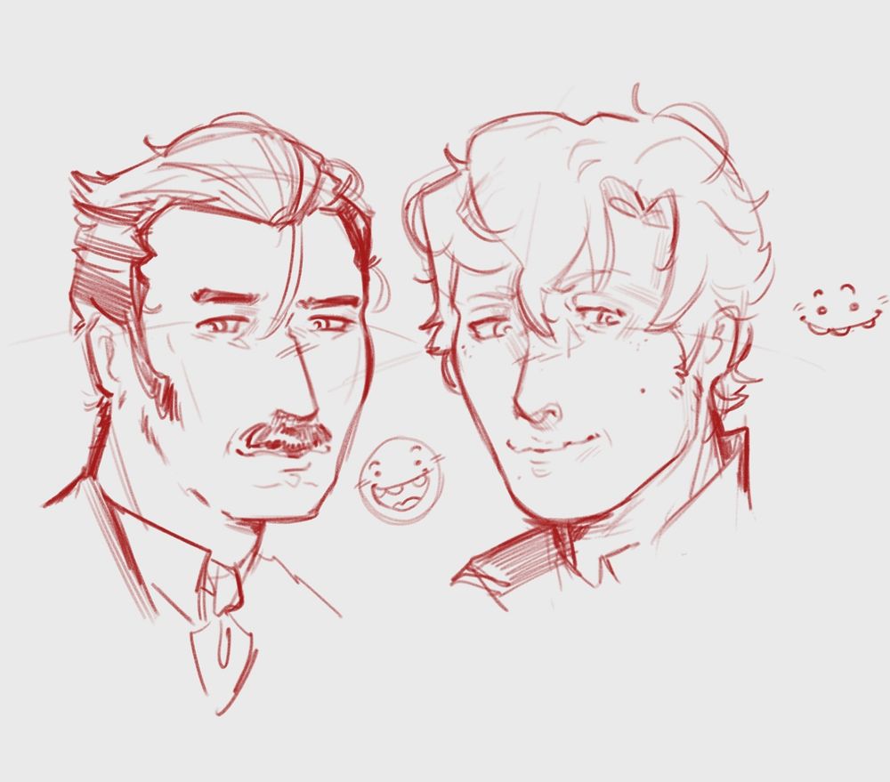 digital sketch of yujin mikotoba and herlock sholmes (just their faces) from the great ace attorney (dai gyakuten saiban). they are drawn in red on a white background, with two smiley faces drawn next to the characters. 