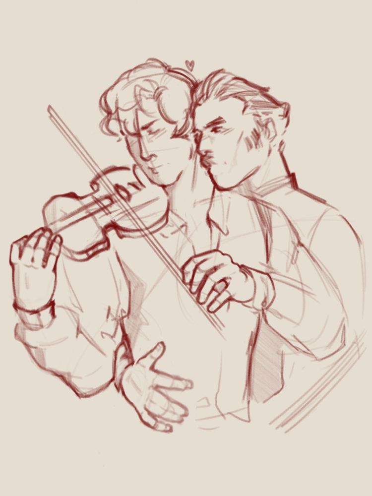a digital sketch of herlock sholmes and yujin mikotoba from the great ace attorney (tgaa) / dai gyakuten saiban (dgs). herlock sholmes is playing violin while mikotoba hugs him from behind and rests his hand on sholmes's waist while kissing his neck. 

homumiko, hmmk, mikohomu, mkhm