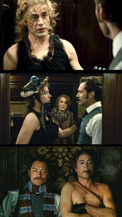 screen captures of a scene from the 2nd guy ritchie sherlock holmes film (sherlock holmes game of shadows) where holmes dresses up in drag to sneak onto a train and ends up getting into a fistfight with watson.