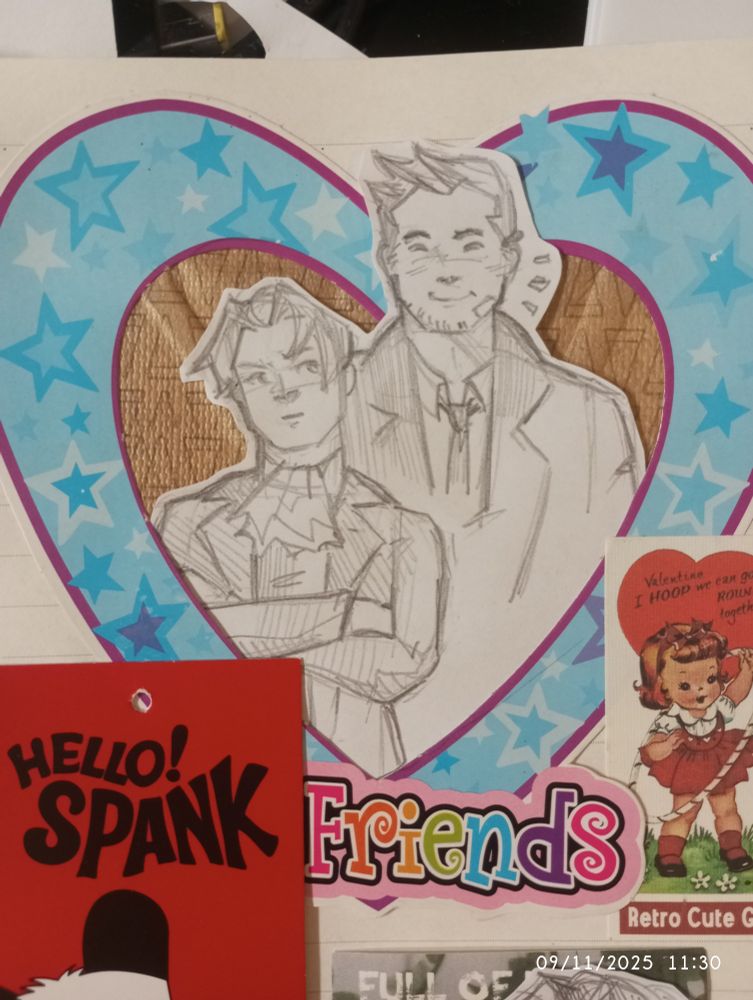 the same sketch as the previous image but this time cut up and pasted into a heart shaped frame that reads 'friends' at the bottom.

gumworth, nokomitsu, gyakuten saiban 