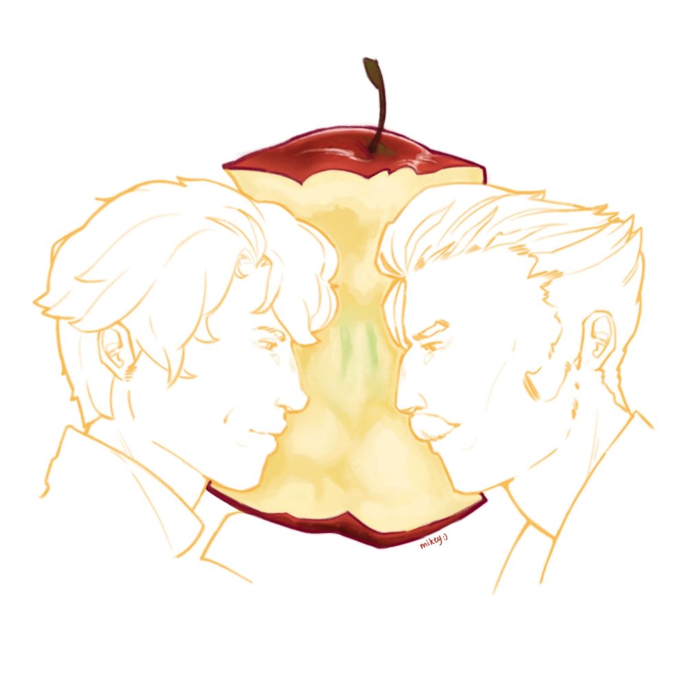 a digital drawing of an apple core, the side profile silhouettes of herlock sholmes and yujin mikotoba (from the great ace attorney / dai gyakuten saiban) are used to form the bite marks around the apple core 

(additional keywords: homumiko, hmmk, dgs, tgaa)
