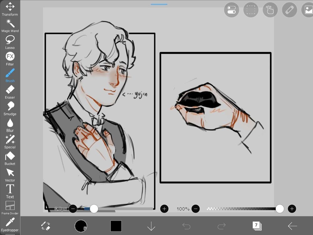 a digital sketch. the first panel shows herlock sholmes from the great ace attorney (dai gyakuten saiban). he is looking longingly at something which isn't in frame, while whispering yujin's name. the second panel shows what herlock was looking at - his hand with a fake mustache glued onto it. he is practicing kissing on his own hand, with a mustache to make it feel like he's kissing yujin mikotoba. (this loser....)