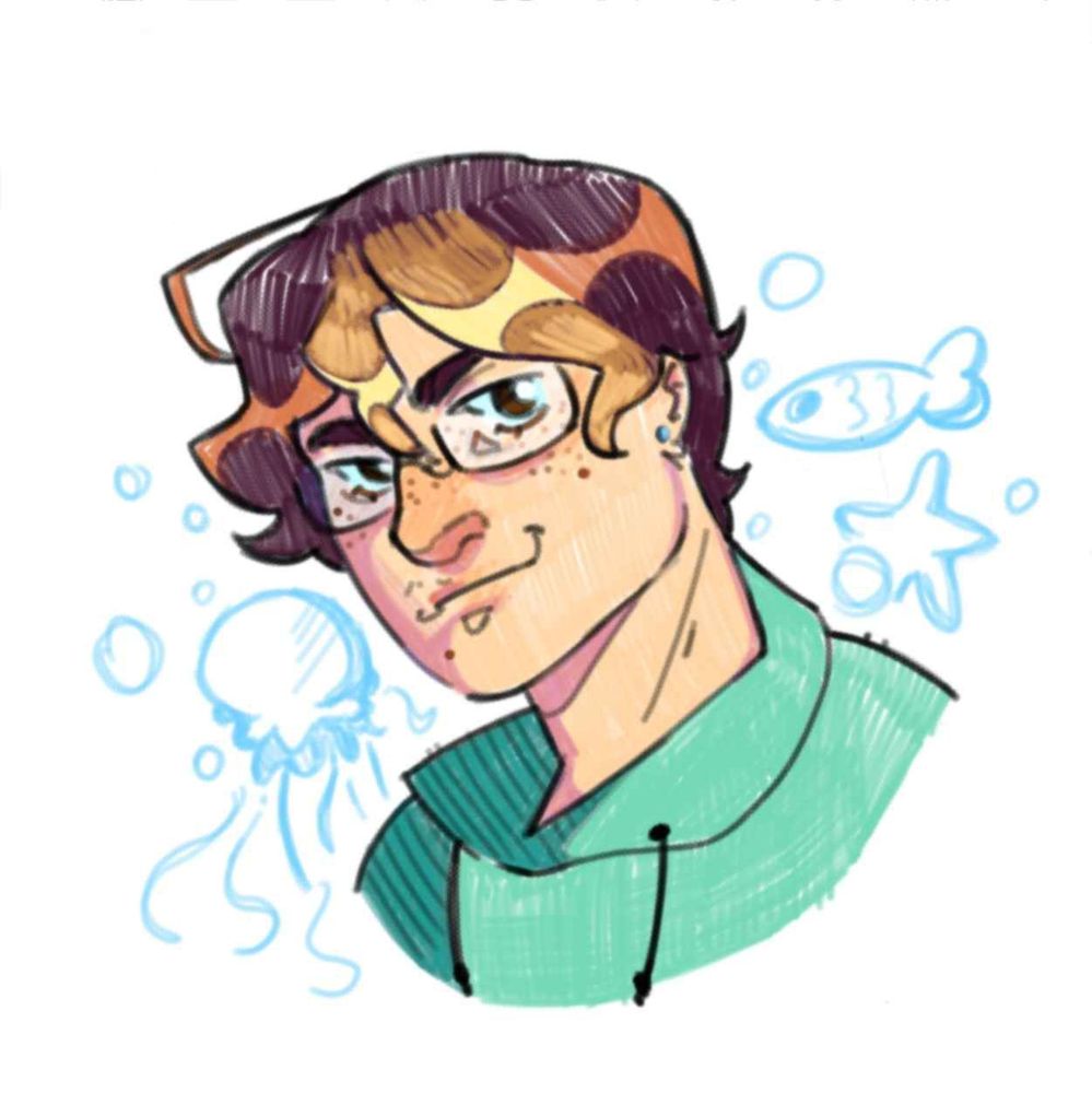 digital drawing of a stylized self portrait. there are sea creatures in the background key words: artwork, cartoon