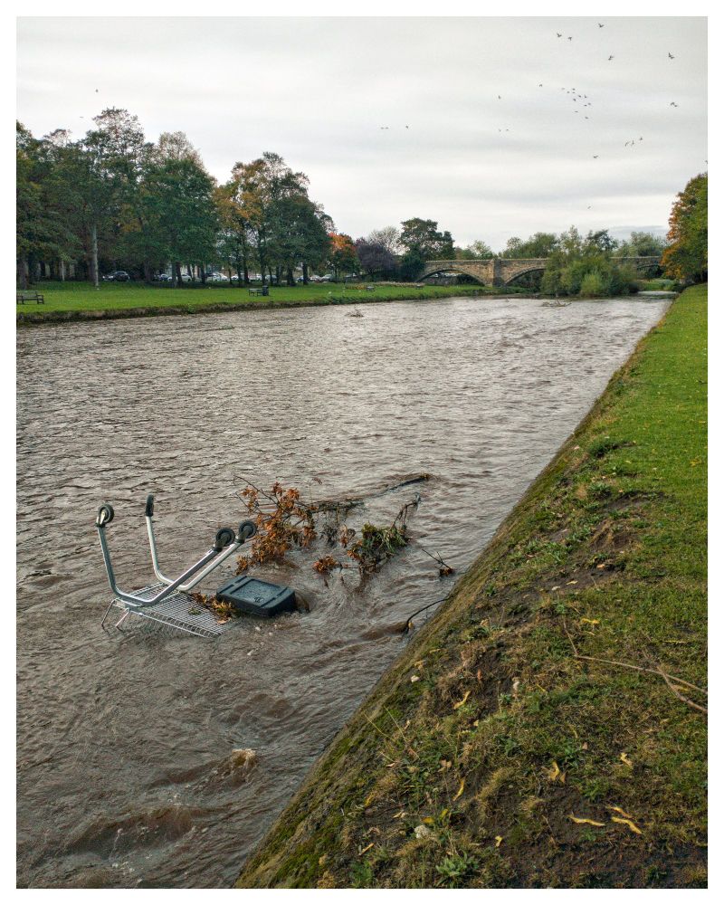 Colour photograph of an upturned trolley and a compost caddy in the river Esk in Musselburgh.