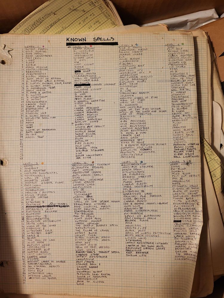 Cramped, handwritten spell lists