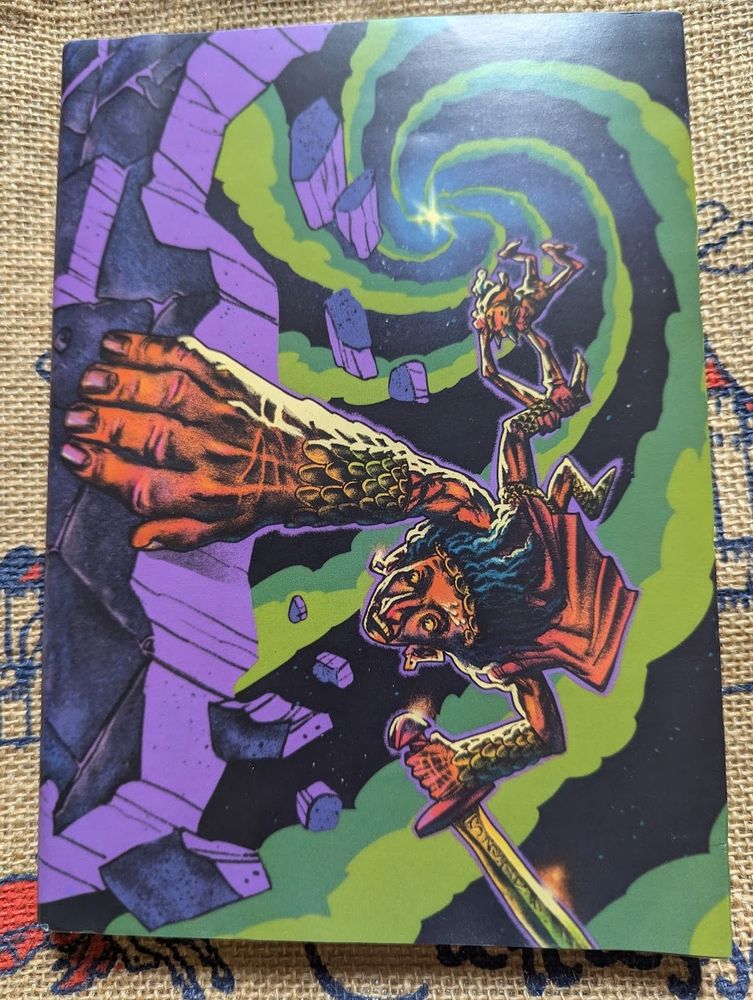Knock magazine: fantasy art, man dangling from a cliff above a psychedelic swirl